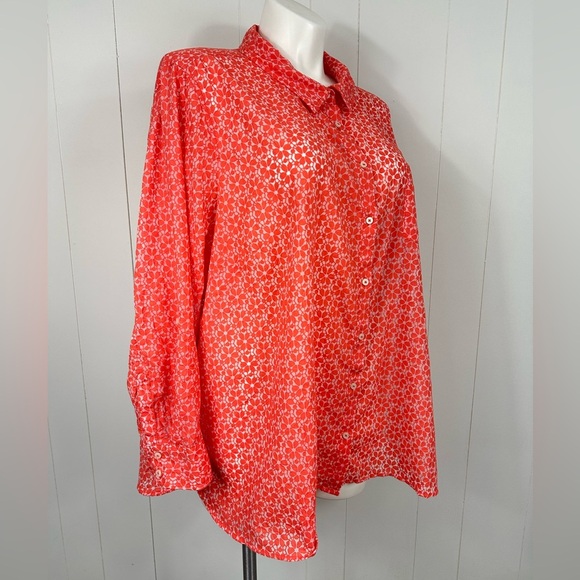 Tommy Hilfiger Sz 3X Women’s Orange Sheer Floral Blouse Top Button Down Roll Tab - Picture 10 of 12